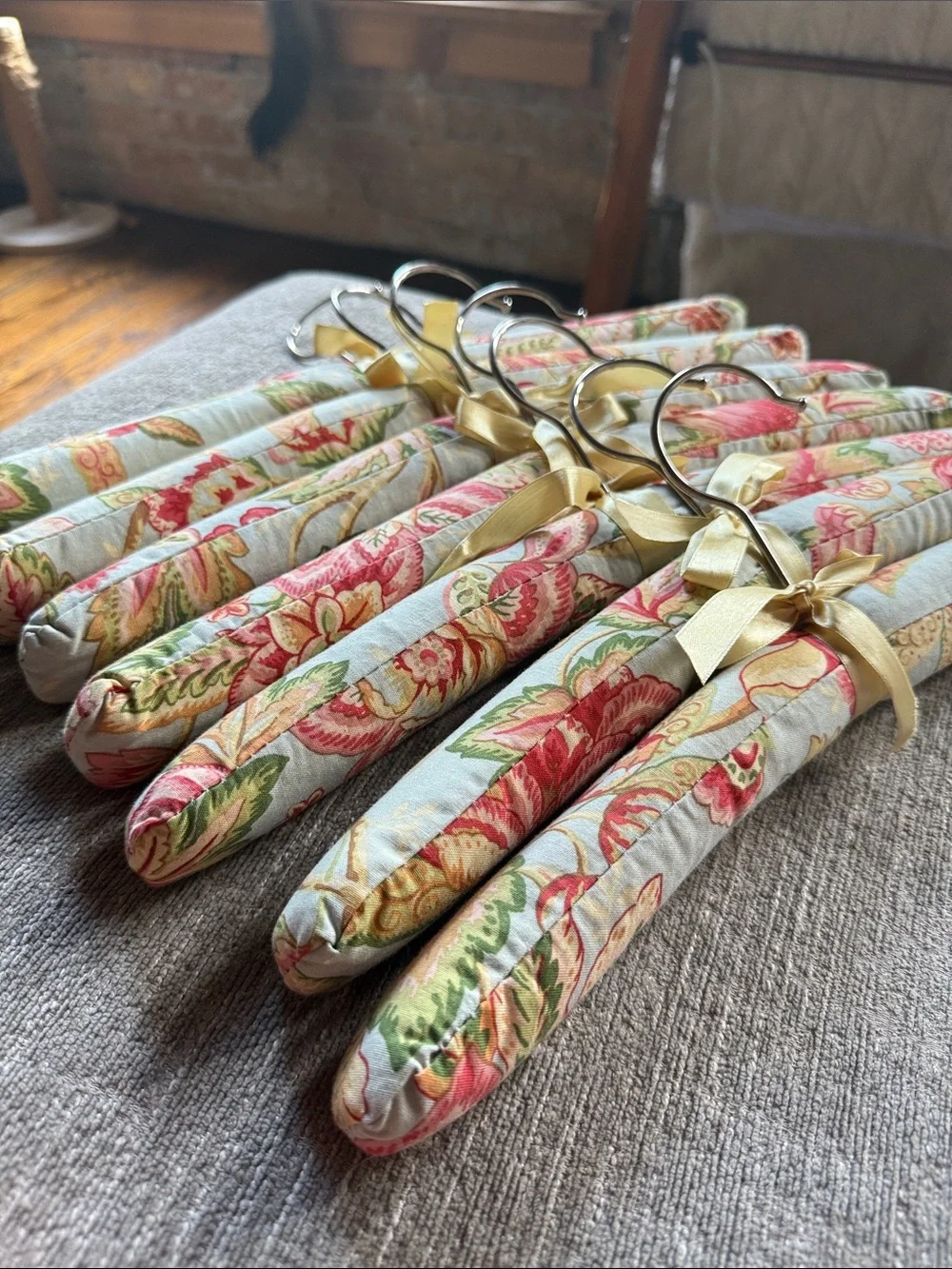 Set of 8 Padded Floral Fabric Hangers in Pink, Green & Pale yellow & Cream